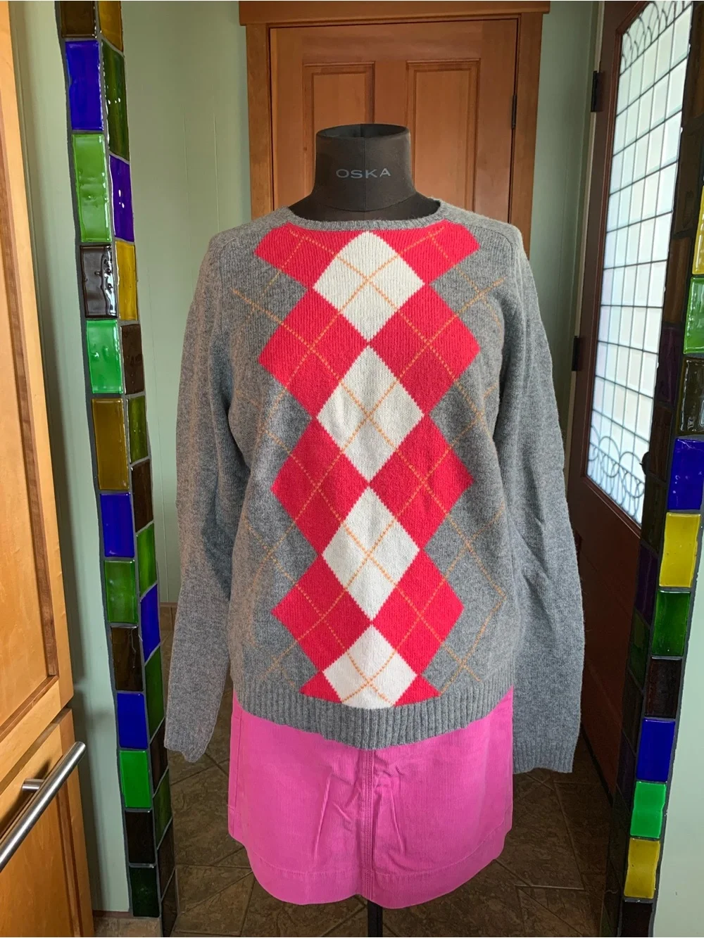 J CREW 100% LAMBS WOOL ARGYLE PULLOVER SWEATER NWT XL Women's Gray  Pink Diamond